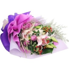 Mix Hand Bouquet 13 (3 Stalks Stargazer Lily + 5 Purple Roses)